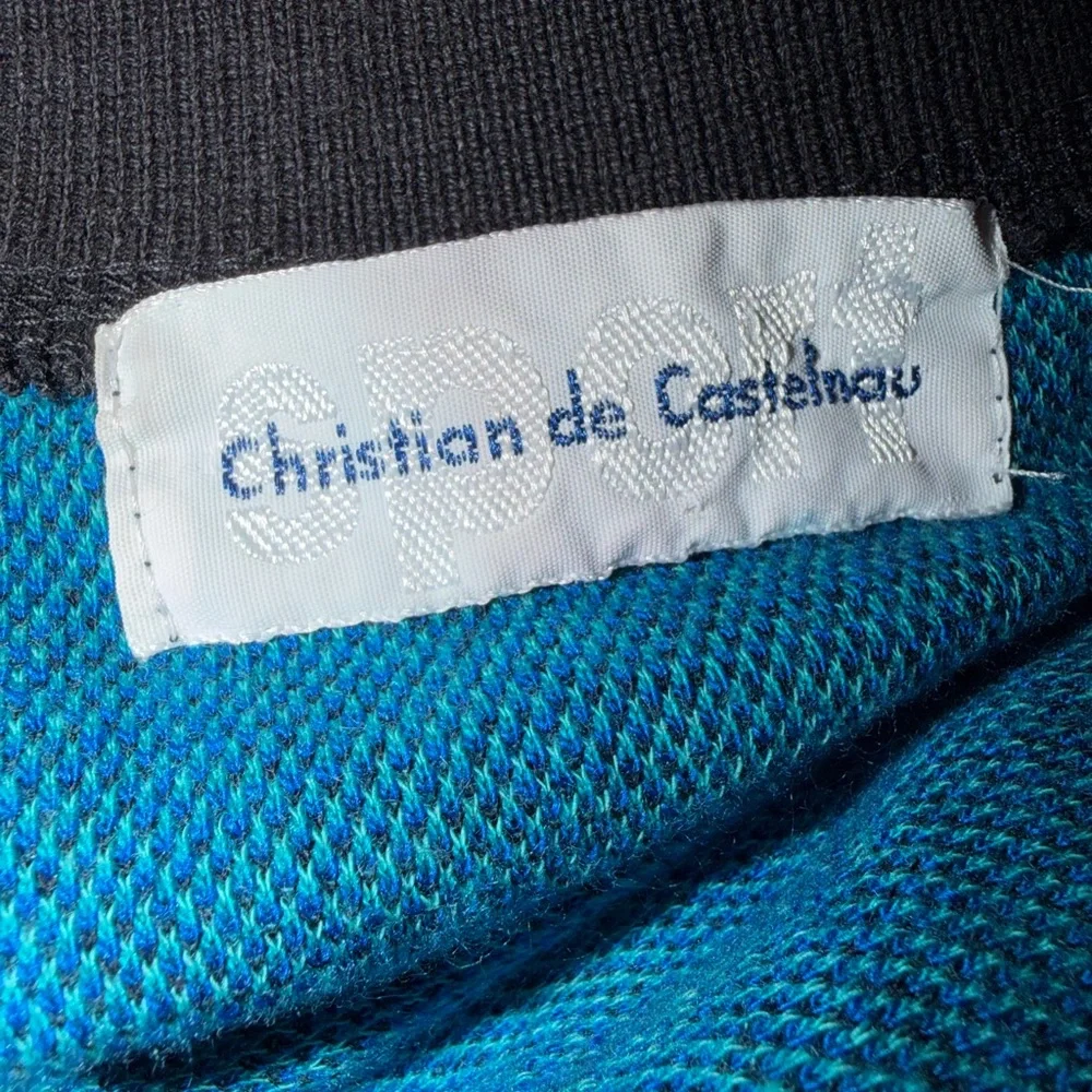 Vtg 80s 90s‎ Christian de Castelnau Intarsia Blue Geometric Floral Cardigan 2XL